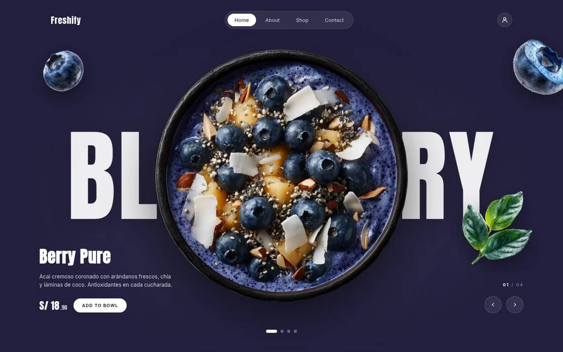 Bowl de açaí con arándanos sobre fondo azul profundo y el nombre del sabor en grande