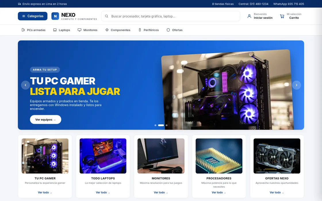 Tienda de cómputo con banner de ofertas, tarjetas de categoría y grilla de productos