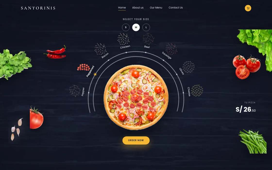 Constructor de pizzas sobre una mesa de madera oscura, con los ingredientes dispuestos en arco